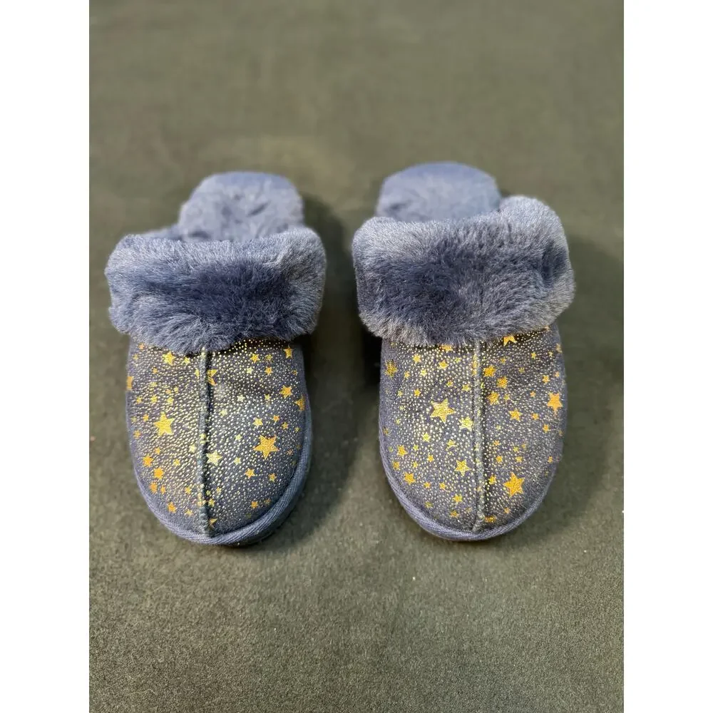 Wonder Nation Girls Fuzzy Blue House Slippers, with Gold Stars, Size 13-1
